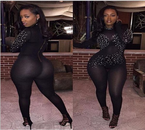 

shining beaded rhine transparent catsuit cotton jersey playsuit jumpsuit stretchy romper braided sheer romper festival wear party1129034, Black;white