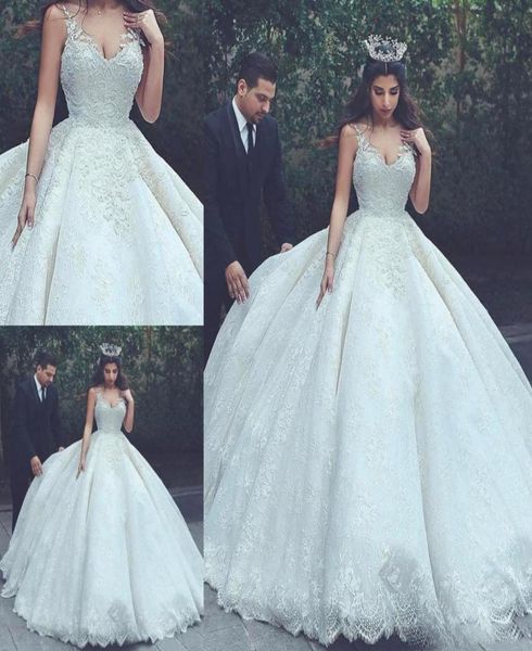 

luxury ball gown church wedding dresses with full length spaghetti lace applique ruffle bridal gowns custom made5161218, White