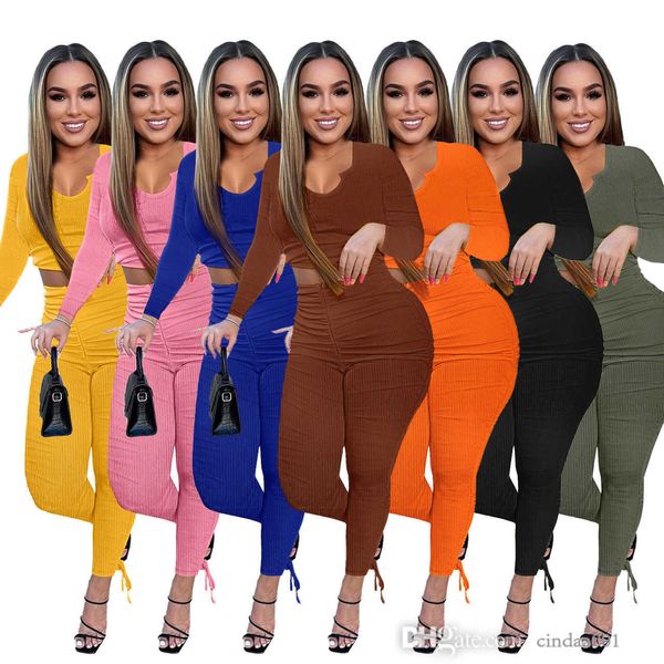 

womens rib pleated pants outfits sportswear fall winter fashion u-neck long sleeve trousers sports suit ladies sweatsuits, White