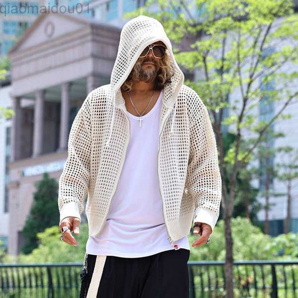

men's hoodies sweatshirts apricot black knitted hollow out oversized sun protection summer long sleeve men shirt zipper hooded korean f