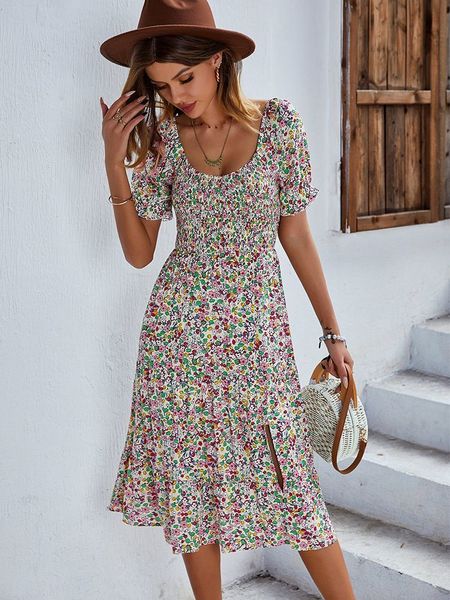 

basic casual dresses bohemia print dres 2023 summer holiday midi puff sleeve high waist boho split for clothes 230720, Black;gray