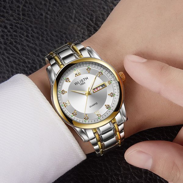 

men's watch waterproof men's watch steel band watch dual calendar quartz watch fashion watch, Slivery;black