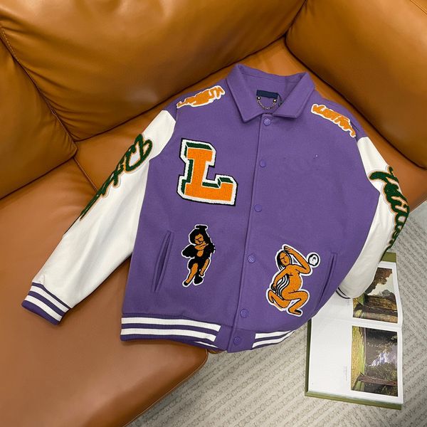 

mens luxurys designer varsity jackets high street multi-patches mixed leather varsity blouson purple baseball jacket casual streetwear outer, Black;brown