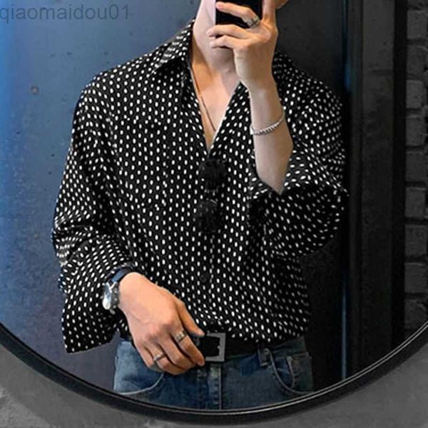 

men's casual shirts fashion men shirt polka dot print lapel long sleeve oversize button men clothing 2023 korean style casual shirts s-, White;black