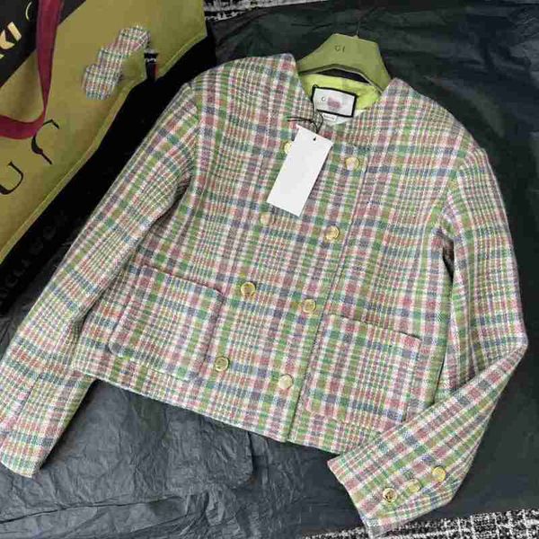 

women's jackets designer early spring new celebrity temperament fashion round neck double breasted thick tweed colorful plaid short coa, Black;brown