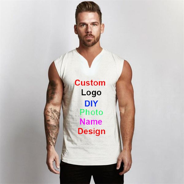 

men' tank brand custom diy printing v-neck cotton gym clothing mens workout sleeveless shirt bodybuilding tank fitness vests 230720, White;black
