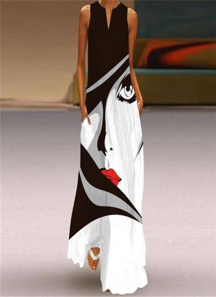 

womens vintage printed dresses summer boho sleeveless vneck long dress ladies casual elegant beach party maxi dresses vestidos 2207682136, Black;gray