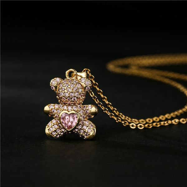 

high grade cz colorful zircon pave setting love bears pendant necklace with gold chain cute woman jewelry, Silver