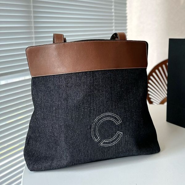 

woman designer two-tone patchwork denim tote shopping bag with leather strap embroidery letter large capacity shoulder handbag outdoor luxur