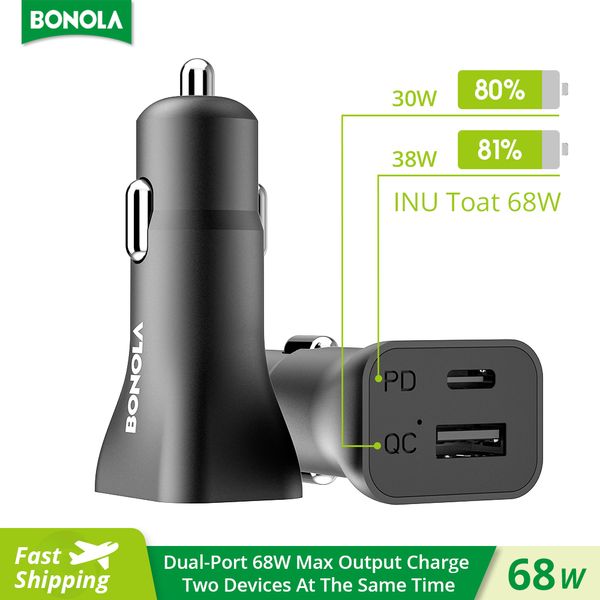 

Bonola QC 3.0 4.0 Type C Car adapter for iPhone8/13/12/11/X/XR/XS/Xiaomi/Samsung Mobile Phone 100W Dual Ports USB PD Car Charger Use with wireless charging