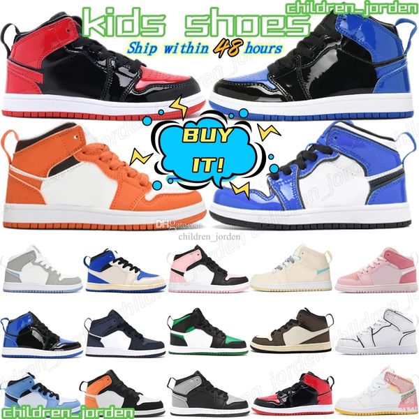 

toddlers kids shoes 1s jumpman high og basketball trainers youth big boys infants bred chicago digital pink paint drip sanded purple, Black