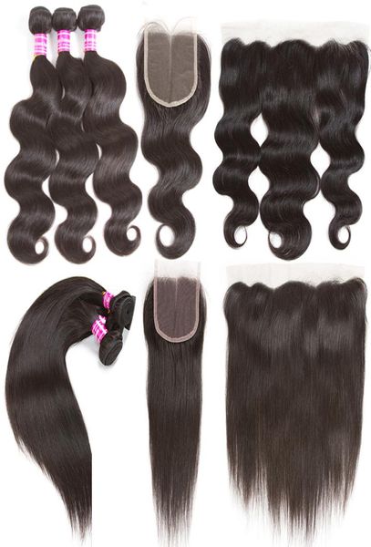 

brazilian virgin human hair bundle lace closure body wave hair weave bundles and 4x4 or 13x4 frontal closure remy hair extensions 8635310, Black