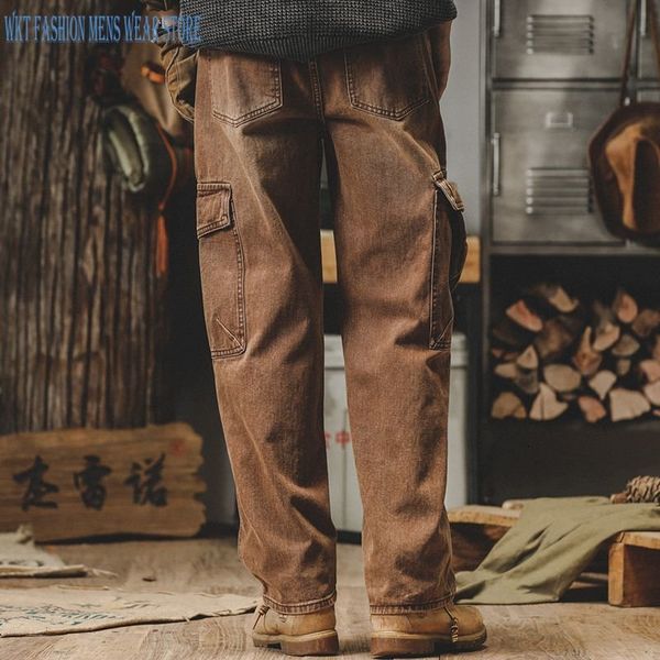 

men's jeans classic retro brown cargo pants clothing spring high street loose straight wide leg daily trousers pocket button 230720, Blue