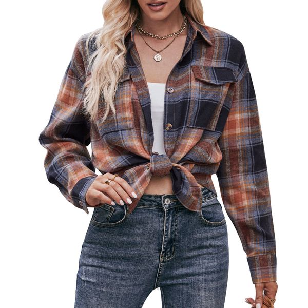 

women button down plaid shirts oversized shacket collared casual long sleeve blouses, White