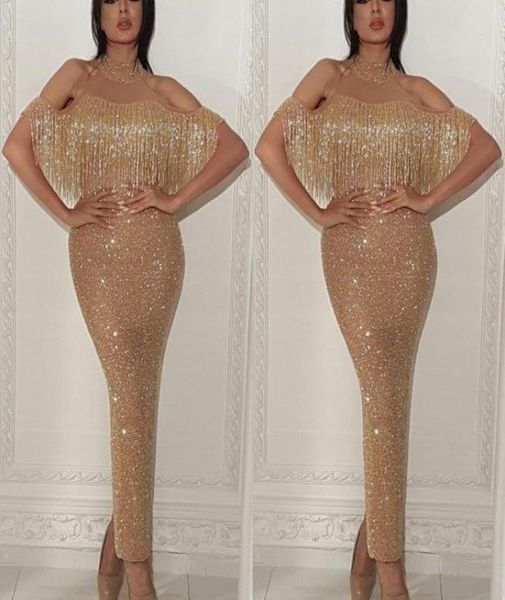 

sparkly gold sequined mermaid long prom dresses 2019 new style ankle length high neck off shoulder formal evening party gowns with5326542, Black
