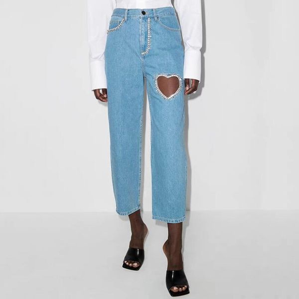 

hollow out jeans women heart shaped diamond loose straight denim pants high street style ankle length women trousers 2023 w354, Blue