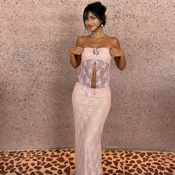 

two piece dress pink lace strapless dress sets for women fashion tube two piece skirt suit bodycon sleeveless club party outfits summer 2307, White