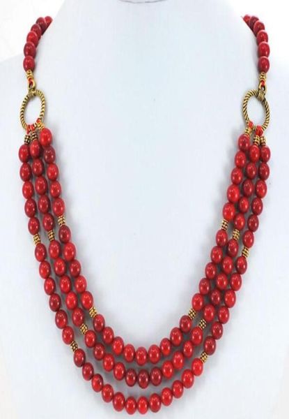 

3 strands red coral round beads gold toggle necklace 19quot 2870067, Silver