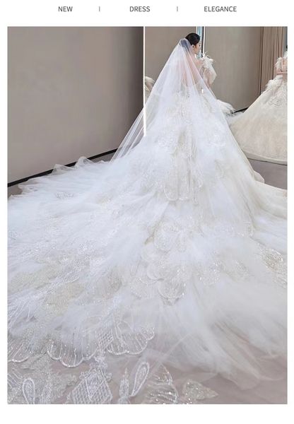 

2023 new lace a-line wedding dresses diamond sheer neck long train beaded overskirt dubai arabic bridal gowns church garden boho wed dress, White