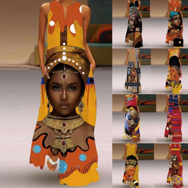 

summer womens sleeveless long dress v neck print face clothes, Black;gray