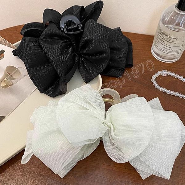 

women elegant three layers large chiffon bow hair claw sweet hair decorate women hair clip fashion hair accessories, Slivery;white