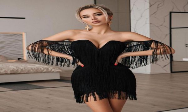 

tassel dress women summer off shoulder beach strap low cut black white short party dresses for lady4808276, Black;gray