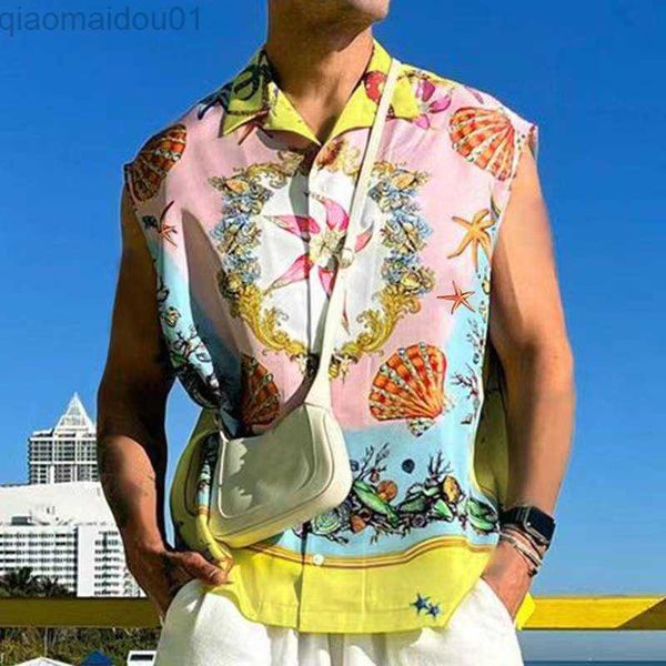 

men's casual shirts 2022 summer sleeveless shirt men fashion loose mens casual shirts comfortable all match thin hawaii print beach shi, White;black