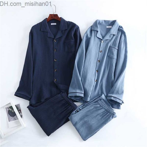 

men's sleepwear spring new products men's waterborne textured crepe gauze set collar nightwear solid button home set men's ca, Black;brown