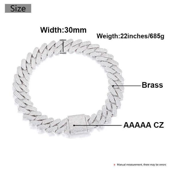 

big guy luxury hip hop jewelry 30mm 18k gold plated brass 5a cz diamond heavy iced out miami cuban link chain for men, Silver