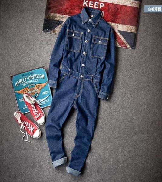 

2018 tide retro british fashion trousers jumpsuit men039s fashion denim jumpsuit slim long sleeve piece tooling jumpsuits1026268, Blue