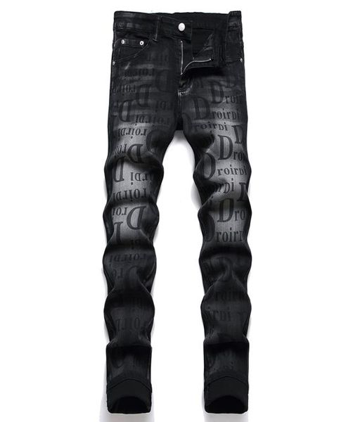 

slim fit stretch black men039s jeans spring autumn letter print vaqueros casual straight streetwear midwaist cotton denim pant9352896, Blue