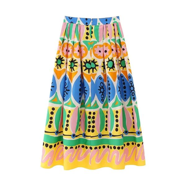 

skirts traf a-line pleated vintage stripe colorful printed mid length skirt hidden in-seam zip closure summer active skirts 230720, Black