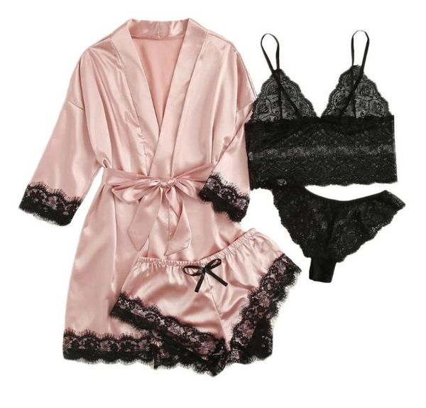 

4pc lace satin pajamas set bra camisole shorts pajamas sleepwear nightgown robe lingerie set nightwear 38114229, Black;red