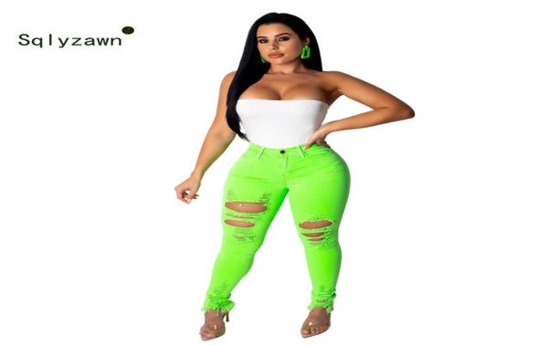 

xxl neon green orange high waist jeans pants women stretchy holes casual denim trousers streetwear plus size pencil pants 2014743764, Blue