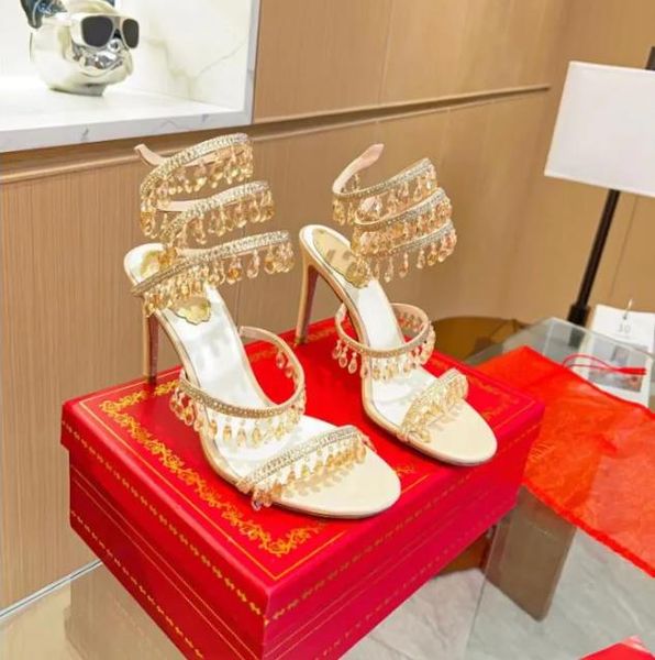 

crystal karung sandals designer woman 10cm stiletto high heel sandals rene caovilla sandals open toe snakelike twining rhinestone sandals wo, Black