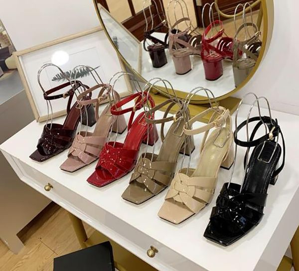 

fashion patent leather sandals thick heel open toe button with square head gladiator sandalias dress lady bright waterproof high heels tape, Black