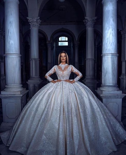 

luxury ball gown wedding dresses long sleeves v neck halter sequins appliques floor length ruffles zipper beads plus size bridal gowns dress, White