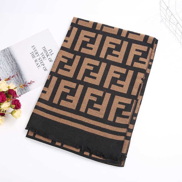 

2021 autumn and winter new imitation cashmere scarf double-sided two-color medium length shawl thickened warm ff jacquard bib, Blue;gray