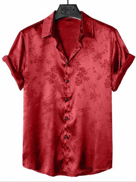 

men's fashion homme men floral jacquard satin shirt, White;black