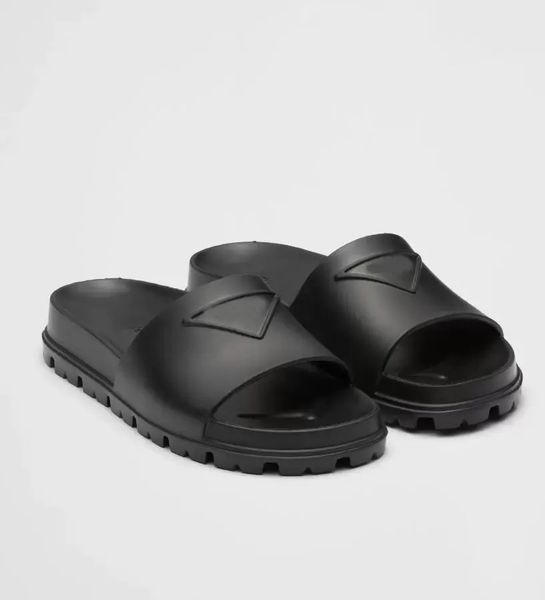 

23s summer streetwear slip on sandals shoes embossed triangle rubber women men slides flats couple men's beach slippers comfort walking, Black