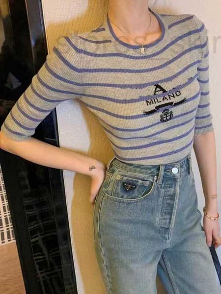 

women's knits & tees designer french niche 2023 spring/summer new contrast stripe sweater letter jacquard round neck medium sleeve fash, White