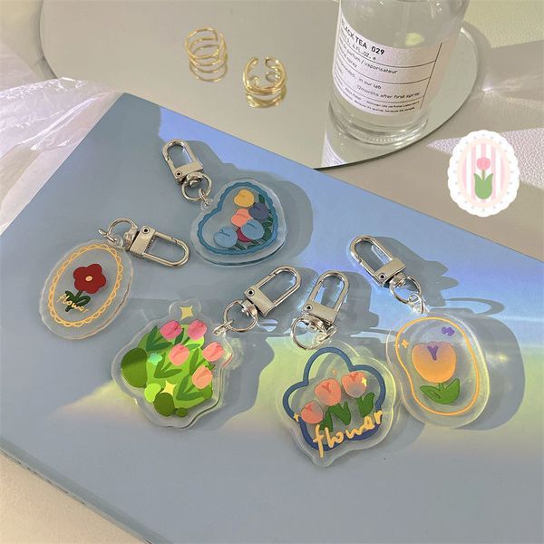 

sweet tulip keychain for women girls trinket acrylic love heart flower pendant key chains cute kids school bag accessories, Slivery;golden