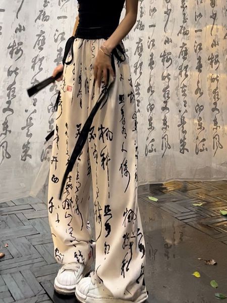 

women s pants s hikigawa chic fashion women calligraphy print summer ice silk wide leg casual high waist harajuku bandage trousers mujer 230, Black;white