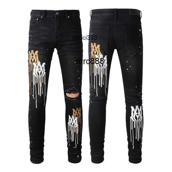 

colorful youth jeans amirly letter jeans fashion black skinny street painting, Blue