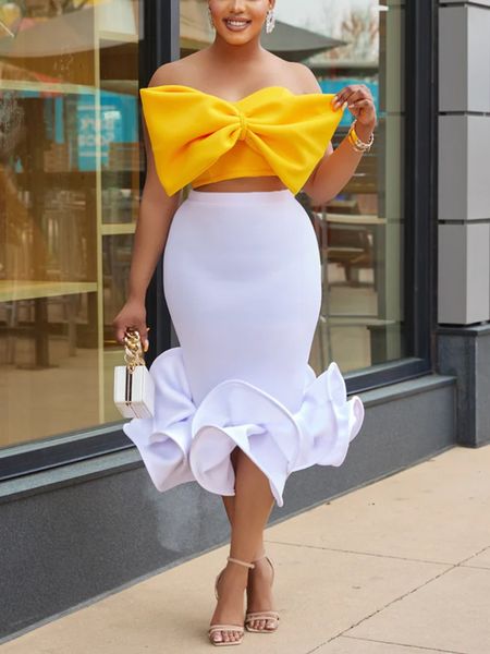

two piece dress two piece set women cropped tank with bow contrast bell mermaid skirt suit bodycon elegant party clubwear dress sets 230720, White