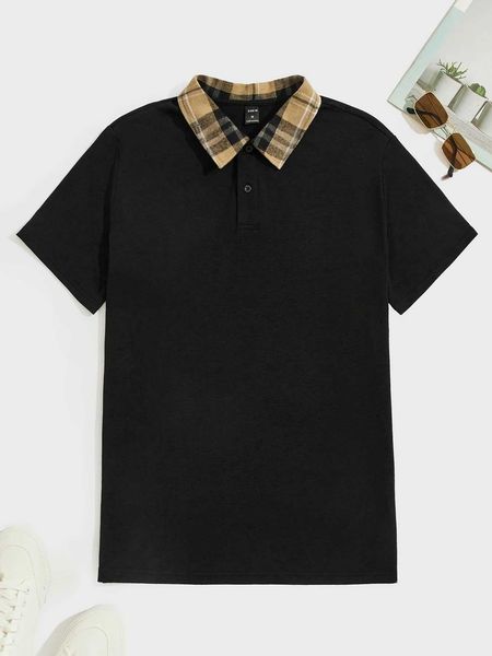 

men's fashion hypemode men plaid collar polo shirt, White;black