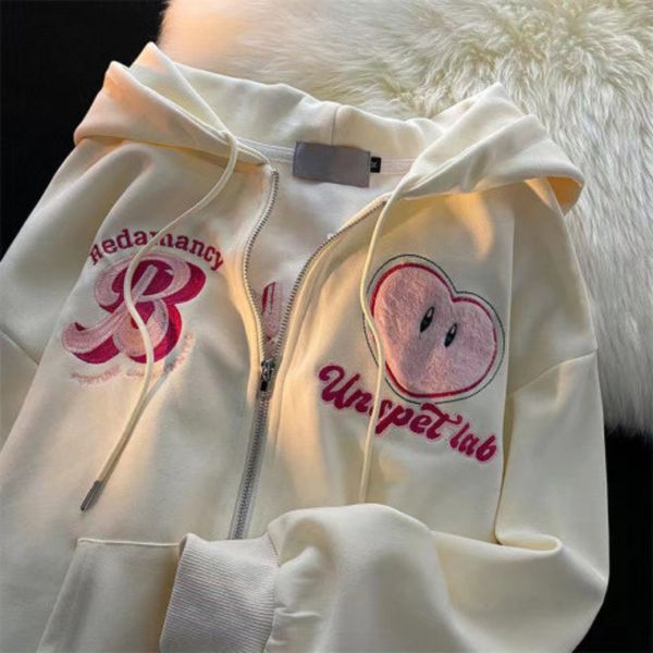 

men's hoodies sweatshirts women letter embroidery hoodies autumn winter retro zipper long sleeve loose jacket coats y2k harajuku casual, Black