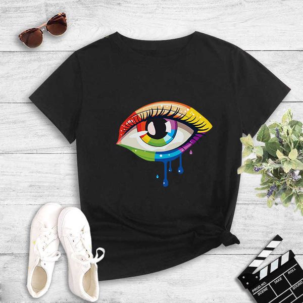 

summer trendy brand short sleeved t-shirt for women's color matching large eye pattern printing summer short sleeved t-shirt top, White
