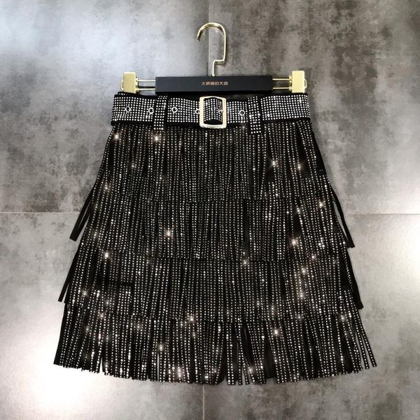 

skirt fashion 2023 autumn high waist belt multi layer short heavy drilling s fringed with cake a line 230720, Black