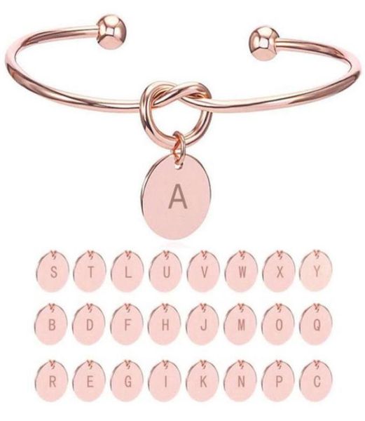 

26 letter gold silver color knot heart bracelet bangle girl fashion jewelry alloy round pendant bracelets for women gift bridesmai1710483, Golden;silver